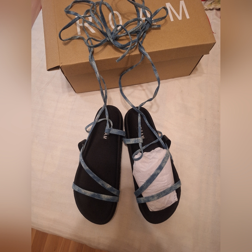 ROAM Lace-Up Denim Strap Flat Sandals - Blue SIZE 39